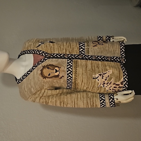 VTG STORYBOOK KNITS 1980s African Tribal Animal Print Marled Cardigan Sweater - Picture 2 of 16